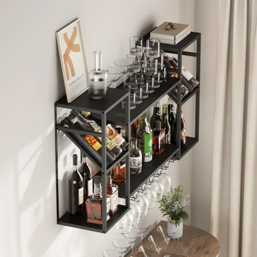 Miniatura 7 de KaKaBB Estante de vino montado en la pared, estantes de metal de 47 pulgadas de 2 niveles con soporte para vidrio, capacidad para 30 botellas y de 6