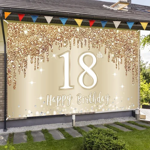 Miniatura 4 de Cartel de feliz cumpleaños 15 para niñas, decoración de fondo de cumpleaños dorado y blanco con texto en inglés "Sweet 15", póster de fondo