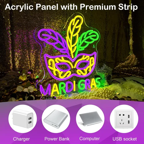 Miniatura 9 de Letrero de neón de Mardi Gras, decoración de luz de neón Mardi Gras, auténtico, morado, verde, dorado, carnaval, luces LED, decoración de pared