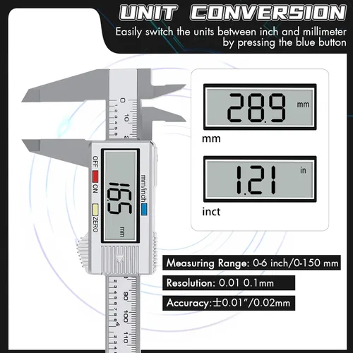 Miniatura 2 de Calibrador digital con pantalla LCD, 0 a 6 pulgadas, conversión de pulgadas/mm, función de apagado automático, muy adecuado para medir en el hogar