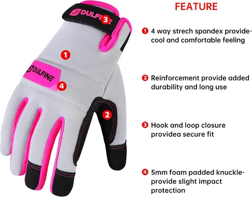 Miniatura 2 de DULFINE Guantes de trabajo para mujer, ajuste flexible y transpirable con nudillos y palma acolchados, compatibles con pantalla táctil, ideales