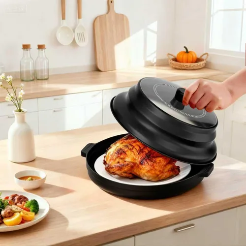 Miniatura 8 de Cubierta 2 en 1 para salpicaduras de microondas para alimentos con placa base antiquemaduras, tapa grande de plástico y silicona plegable