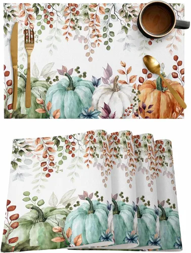 Miniatura 111 de Juego de 4 manteles individuales Boho de otoño, calabazas de acuarela para Acción de Gracias, resistentes al calor, lavables, para mesa, manteles