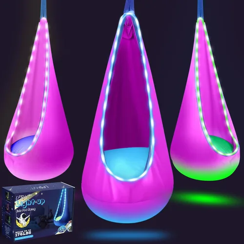 Miniatura 10 de Asiento de columpio colgante para niños con luz, columpio colgante mejorado para niños con luces LED, silla de columpio colgante sensorial