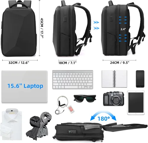 Miniatura 2 de FENRUIEN Mochila antirrobo para laptop para hombre, mochila rígida expandible resistente al agua con puerto USB, bolsa negra para computadora