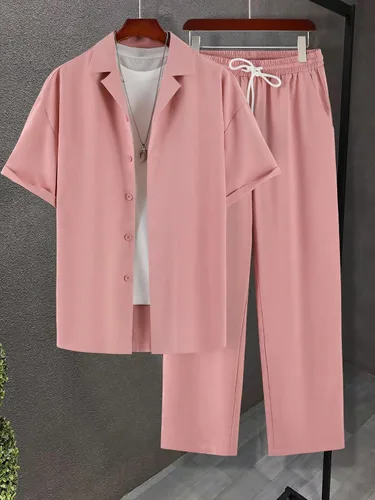 Miniatura 7 de GORGLITTER Conjunto de 2 piezas para hombre, camisa de manga corta con botones y pantalones de cintura elástica