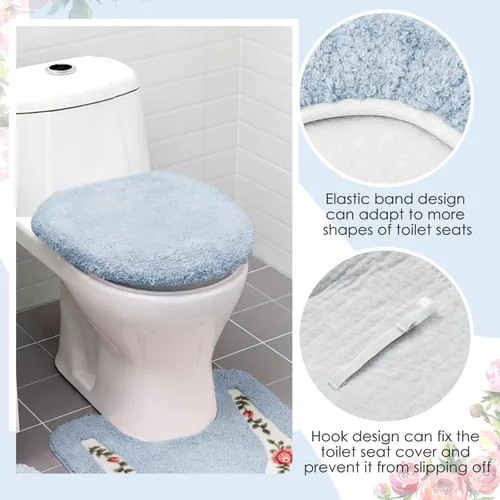 Miniatura 5 de Drydiet Juego de 3 alfombras de baño con rosas y flores, decoración de habitación, alfombra de baño floral en forma de U, antideslizante, Azul