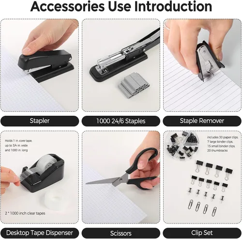 Miniatura 2 de SKYDUE Juego de suministros de oficina negros, accesorios de escritorio negros, grapadora, dispensador de cinta, tijeras, carpeta/clips de papel