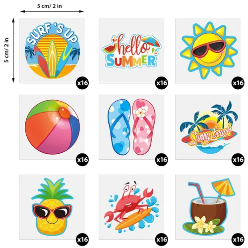 Miniatura 2 de Patelai 144 tatuajes temporales de verano, tatuajes de playa, hawaianos Luau, regalos de fiesta, calcomanías tropicales impermeables Hola verano