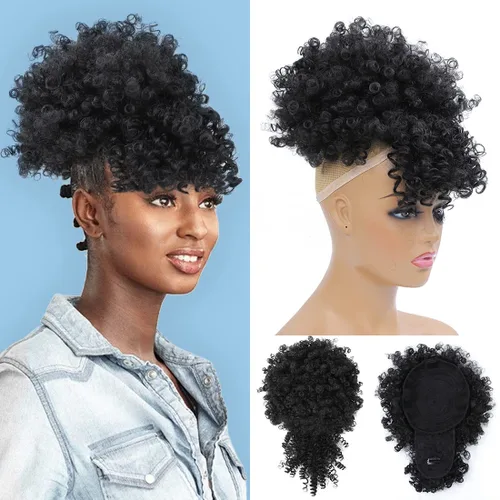 Miniatura 7 de Extensión de cola de caballo afro rizada Fayasu para mujeres negras, con cordón, cola de caballo con cabello rizado y flequillo, extensión
