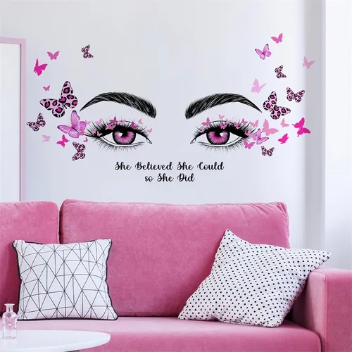 Calcomanías de pared de mariposa con ojos de pestañas rosadas, citas inspiradoras de sacinora con palabras motivacionales, calcomanías de pared