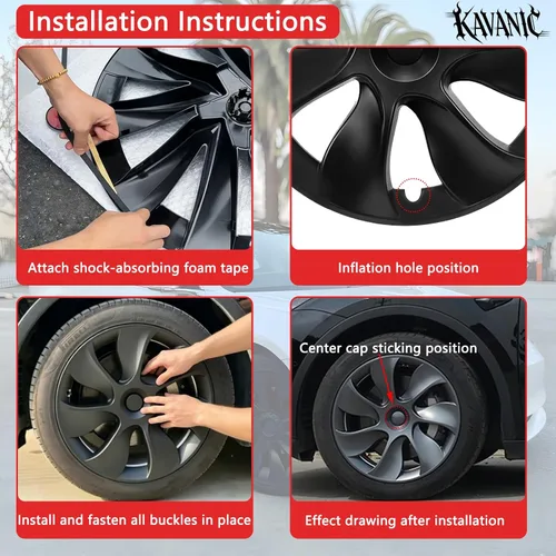 Miniatura 3 de KAVANIC 4 piezas de cubierta de rueda Compatible con Tesla Model Y 19 pulgadas 2020-2024 ABS tapacubos estilo cuchilla negro mate Compatible