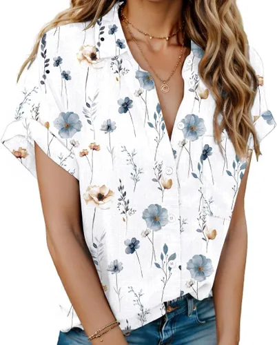 Miniatura 14 de HOTOUCH Camisas de Lino para Mujer con Botones Blusas de Manga Corta de Algodón Cuello en V con Cuello Tops de Gasa con Botones S-3XL