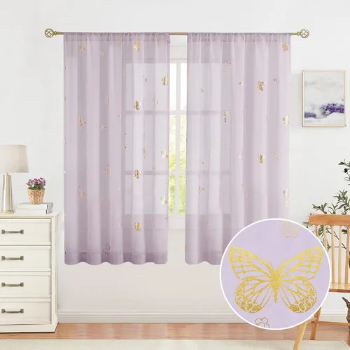 Miniatura 25 de Jubilantex Paneles de cortinas transparentes de mariposas negras y doradas de 52 pulgadas de ancho para dormitorio de niñas, elegantes cortinas