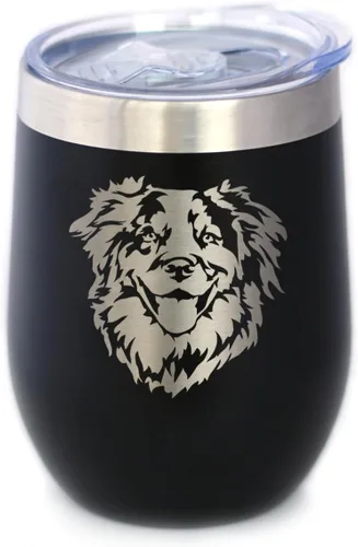 Australian Shepherd Face - Wine Tumbler Glass with Sliding Lid - Stainless Steel Insulated Mug - Unique Dog Themed Decor and Gifts for Moms & Dads