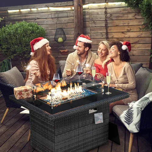 Miniatura 8 de BULEXYARD Mesa de mimbre de polietileno de 43 pulgadas para patio al aire libre con cubierta impermeable de 55,000 BTU de encendido automático