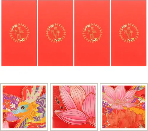Miniatura 3 de Vaguelly Sobres rojos de año nuevo 3D 2024, 4 unidades, loto chino, carácter, año del dragón, Fengshui, Fortuna, sobre Hong Bao Lucky Money Red As