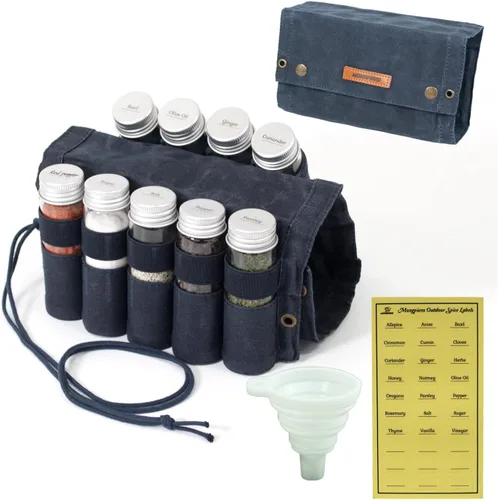 Kit de especias para acampar con 9 tarros de especias, cuerda, etiquetas adhesivas de especias, embudo plegable de silicona, contenedor de Azul