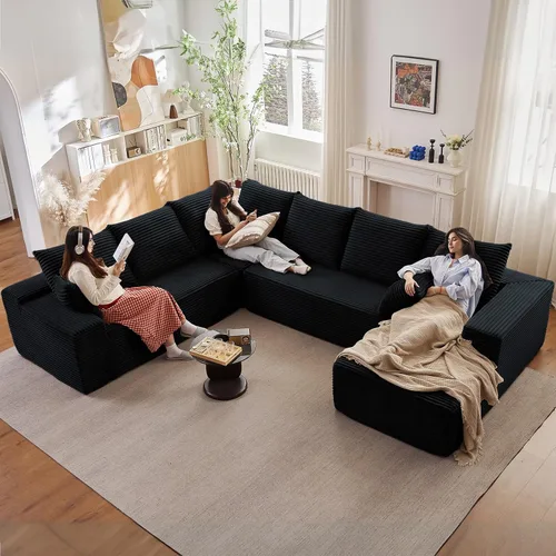 Miniatura 49 de Sofá modular de 95 pulgadas con otomana, moderno sofá nube de pana con asiento profundo, sofá sin hueso tapizado de 3 plazas en forma de U para sala
