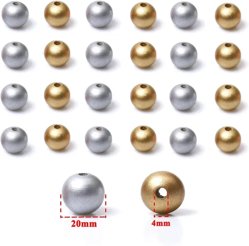 Miniatura 5 de 50 cuentas redondas de madera mezcladas en colores dorado y plateado, cuentas sueltas pintadas lisas de 0.787 pulgadas (0.787 pulgadas), suministros