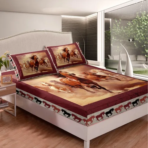 Miniatura 2 de Manfei Sábana bajera ajustable de caballo al galope, tamaño individual, funda de cama con temática de animales con 1 funda de almohada, juego