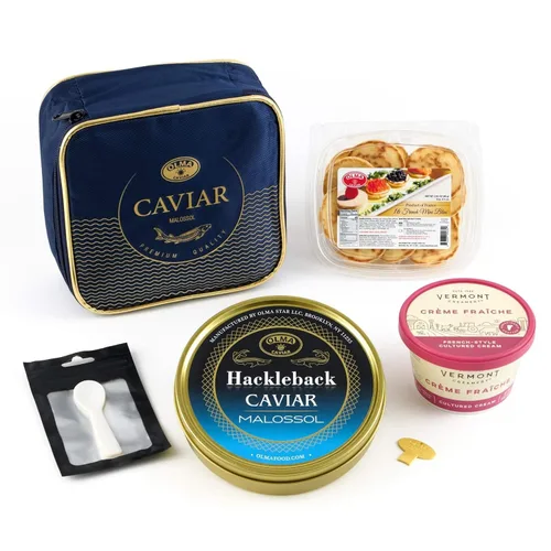 OLMA Hackleback Sturgeon Caviar - Juego de regalo de caviar de esturión – Incluye 8.82 oz de huevas de pescado Hackleback, Mini Blinis, Creme