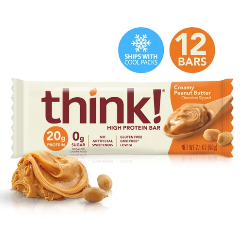 Miniatura 3 de Think! Barras de proteína, sin gluten, barra energética sin azúcar con aislado de proteína de suero, Creamy Peanut Butter, barras nutricionales, sin