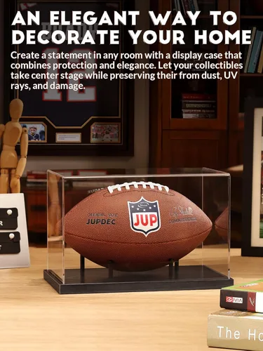 Miniatura 7 de JupDec Vitrina de fútbol americano de tamaño completo, caja transparente de acrílico con soporte de madera, soporte para recuerdos con protección