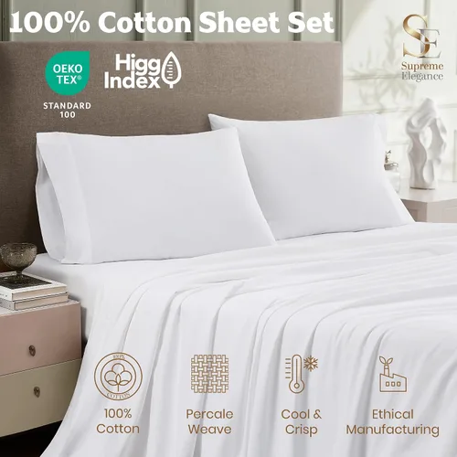 Miniatura 3 de SUPREME ELEGANCE Juego de sábanas de cama individual 100% algodón - Blanco ártico, ropa de cama de percal de 3 piezas, sábanas transpirables frescas