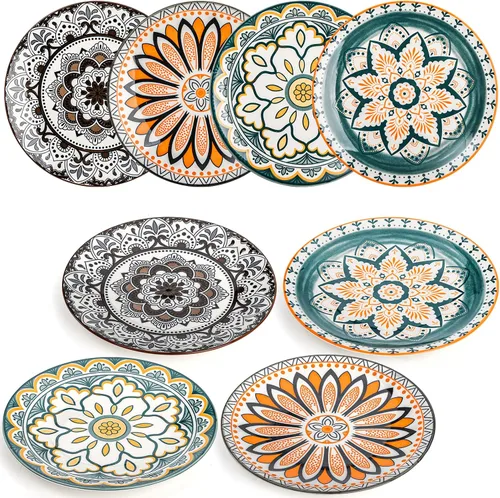 Miniatura 5 de Foraineam 8 platos de ensalada, platos de postre florales de porcelana de 8.5 pulgadas, coloridos juegos de platos redondos para almuerzo, ensalada