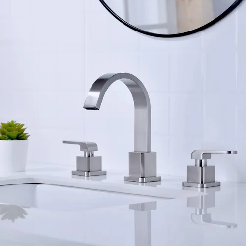 Miniatura 2 de TRUSTMI Grifo de baño generalizado de 3 agujeros de 8 pulgadas de níquel cepillado para fregadero de baño con desbordamiento emergente de drenaje