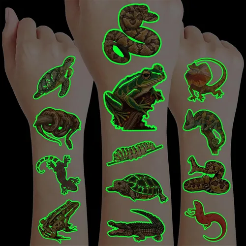 96 piezas de tatuajes temporales luminosos de reptiles que brillan precortados, decoraciones de fiesta de cumpleaños, suministros de regalo, Luminous