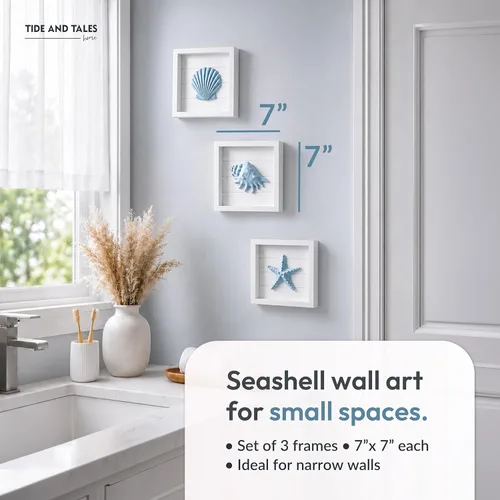 Miniatura 2 de TideAndTales - Arte de pared 3D costero con diseño de conchas y estrellas de mar azules (juego de 3), decoración de pared de playa para baño
