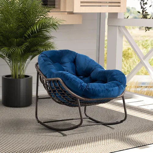 Miniatura 13 de Mecedora para patio al aire libre, cómoda silla mecedora de mimbre con cojín acolchado, silla de ratán de gran tamaño con marco de acero sólido