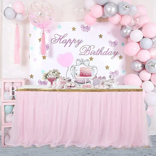 Miniatura 6 de Falda de tul con lentejuelas doradas para mesa de 6, 9 ó 14 pies, para fiestas de novia, bodas, fiestas de cumpleaños, etc., 6 ft, Rosado