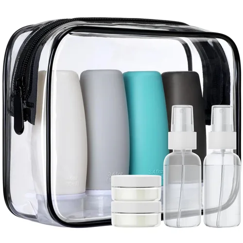Miniatura 12 de PACKISM Paquete de 5 bolsas de aseo aprobadas por la TSA con botellas, kit de contenedor de viaje de silicona de 3 onzas a prueba de fugas