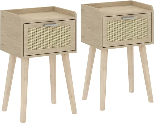 Miniatura 10 de LAATOOREE Juego de 2 mesitas de noche, mesa auxiliar pequeña, mesita de noche con puerta acanalada, pies de madera maciza; mesa auxiliar moderna