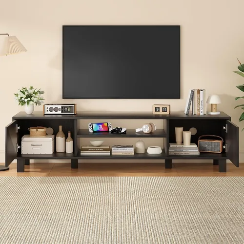 Miniatura 2 de Wood TV Stand for 65+ Inch TV, Boho Television Stand with Natural Rattan Sliding Doors & Adjustable Shelves, Entertainment Center Media Console for