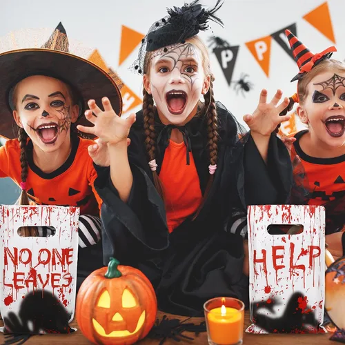 Miniatura 4 de Whaline 60 bolsas de regalo de plástico para fiesta de Halloween, con diseño de fantasma sangriento, bolsas de regalo de palabras aterradoras