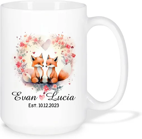 Miniatura 9 de Taza de café personalizada con diseño de zorro de 11 onzas, 15 onzas, divertida taza de viaje para pareja de zorros, taza de té con nombre y fecha