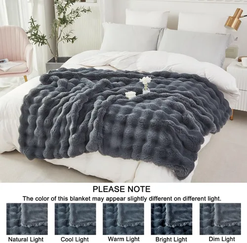 Miniatura 6 de YOU SA Manta de piel sintética gris oscuro de 51 x 63 pulgadas, manta decorativa de piel de conejo cálida y esponjosa para sofá cama, manta peluda