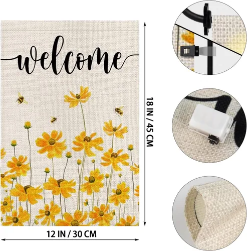 Miniatura 4 de Bandera de jardín de bienvenida floral de primavera y verano con luces LED, 12 x 18 pulgadas, doble cara, vertical, arpillera, girasol, abeja