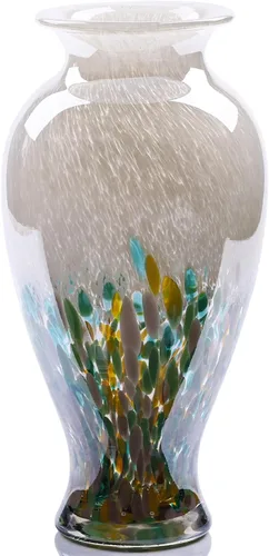 Miniatura 15 de Jarrón de vidrio ámbar dorado soplado de 11.8 pulgadas de alto, jarrón de vidrio opaco ámbar, diseño único de boca ancha decoración de arte