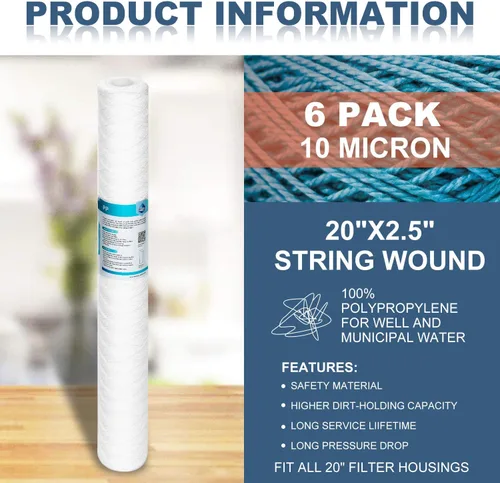 Miniatura 2 de Membrane Solutions Cartucho de filtro de agua de repuesto de polipropileno de 10 micrones, 2.5 pulgadas de diámetro exterior x 20 pulgadas