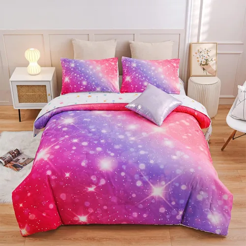 Miniatura 15 de A Nice Night Juego de Edredón para Niñas Tamaño Twin 6 Piezas Cama en una Bolsa Ropa de Cama 3D Colorida Brillante Galaxia Arcoíris