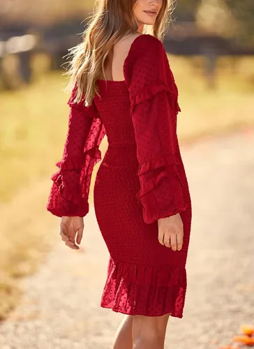 Miniatura 2 de PRETTYGARDEN Vestido corto ajustado fruncido para mujer, manga larga, cuello cuadrado, lunares suizos, volantes, vestido elegante de sirena