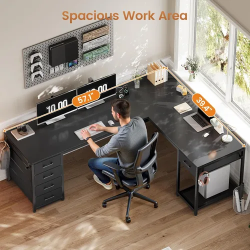 Miniatura 4 de Escritorio en forma de L de 57 pulgadas con 5 cajones, escritorio de esquina reversible para computadora con almacenamiento y tira de alimentación