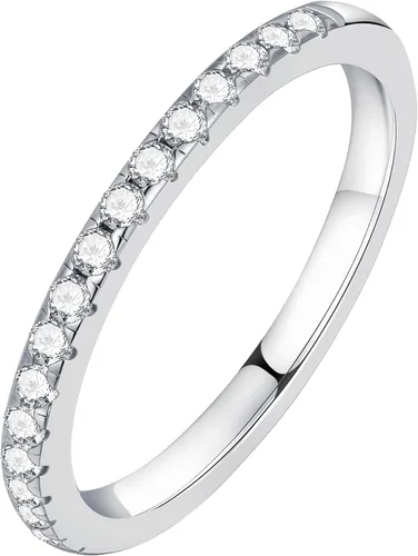 MOOSEA Alianza de boda de moissanita de media eternidad para mujer, 0.2-0.3 quilates de color D, claridad VVS1, anillos apilables finos de diamantes
