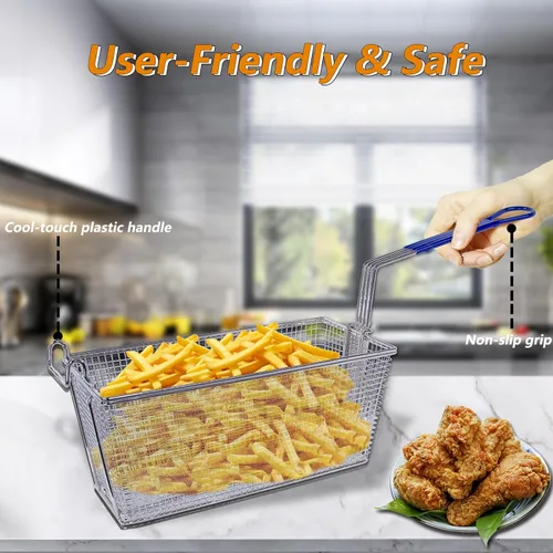 Miniatura 2 de Hakka - Paquete de 4 cestas comerciales para freidoras, 13.25 x 6.5 x 6 pulgadas con mango antideslizante, resistente niquelado para restaurantes