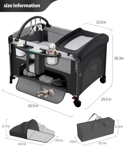 Miniatura 4 de Moisés de bebé 4 en 1 junto a la cama con configuración con una sola mano y colchón impermeable – Parque de juegos certificado por ASTM, corralito